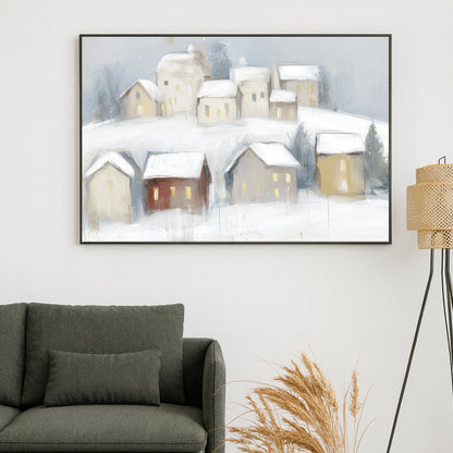 snowy village wall art with glowing windows and soft winter landscape
