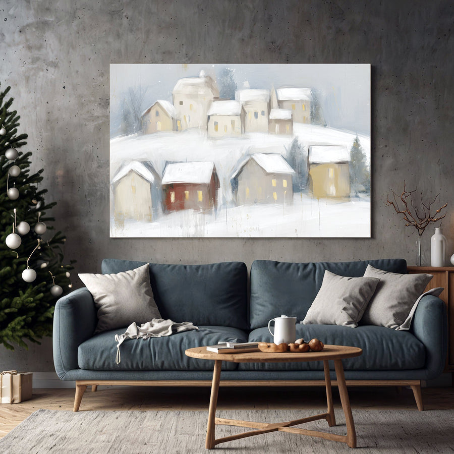 snowy village wall art with glowing windows and soft winter landscape