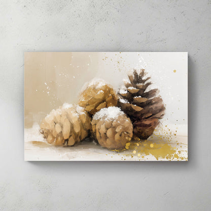 snow-dusted pinecones wall art with gold splashes and neutral winter background