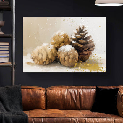 snow-dusted pinecones wall art with gold splashes and neutral winter background