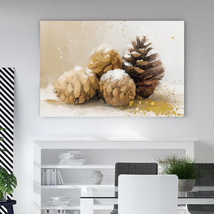 snow-dusted pinecones wall art with gold splashes and neutral winter background
