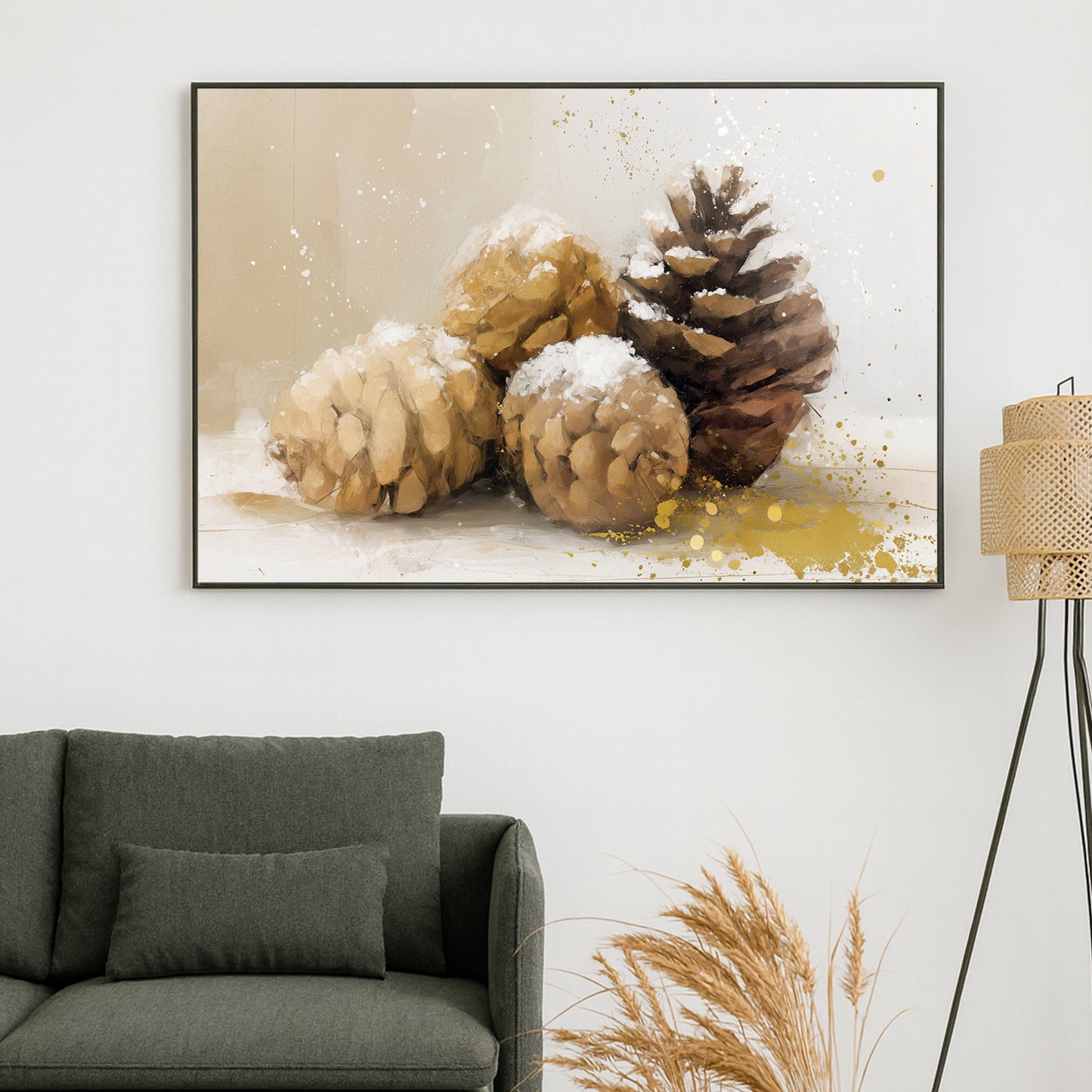 snow-dusted pinecones wall art with gold splashes and neutral winter background