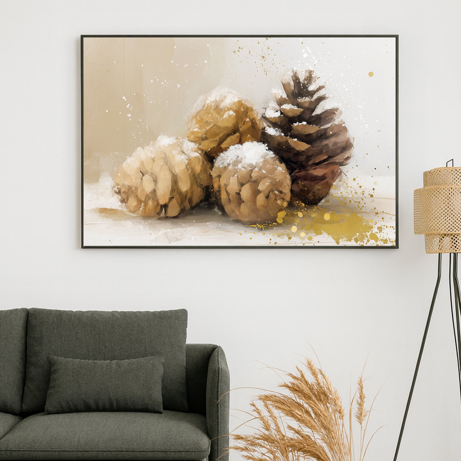 snow-dusted pinecones wall art with gold splashes and neutral winter background