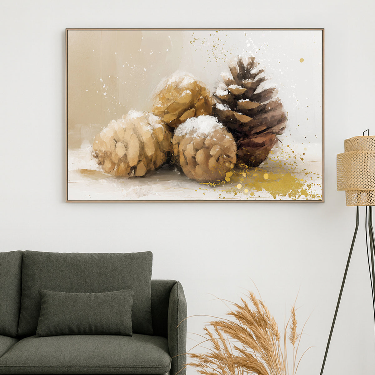 snow-dusted pinecones wall art with gold splashes and neutral winter background