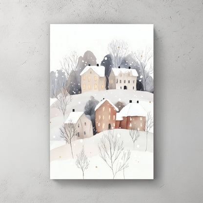 snowy hillside village wall art with glowing windows and minimalist winter trees