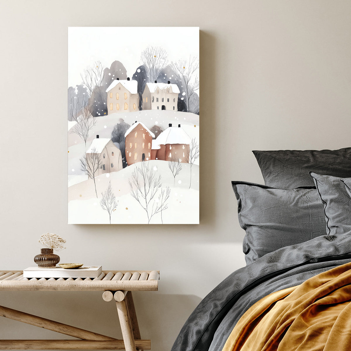 snowy hillside village wall art with glowing windows and minimalist winter trees