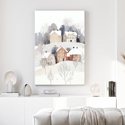 snowy hillside village wall art with glowing windows and minimalist winter trees