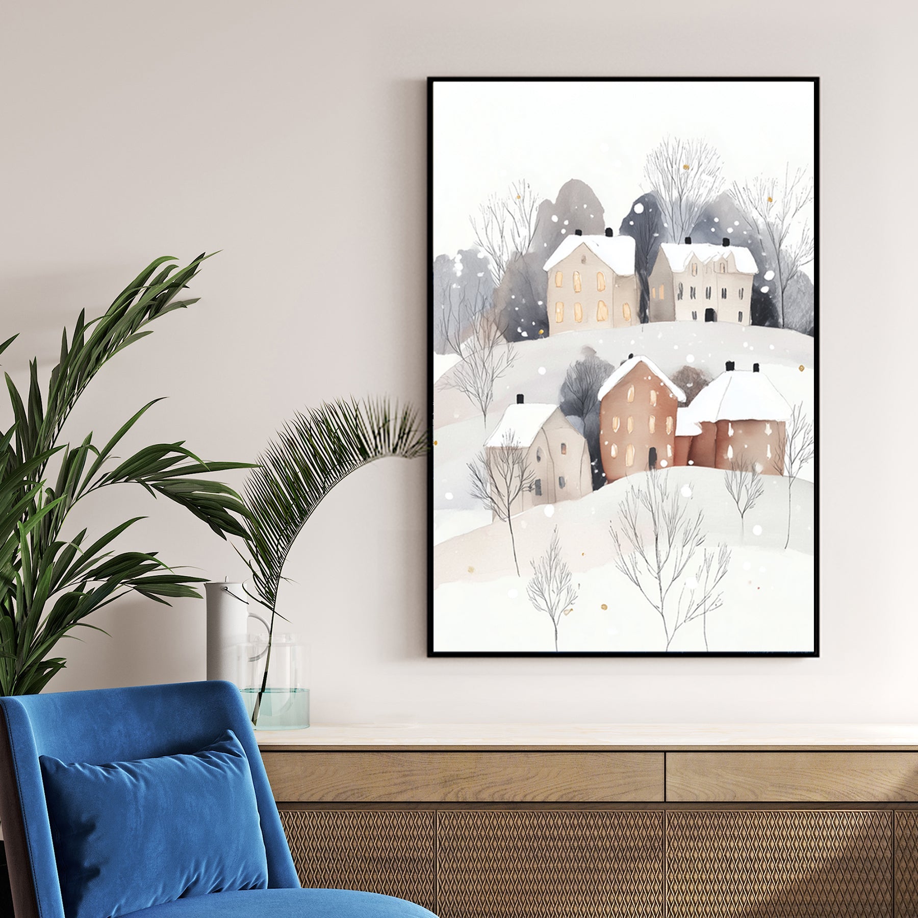 snowy hillside village wall art with glowing windows and minimalist winter trees