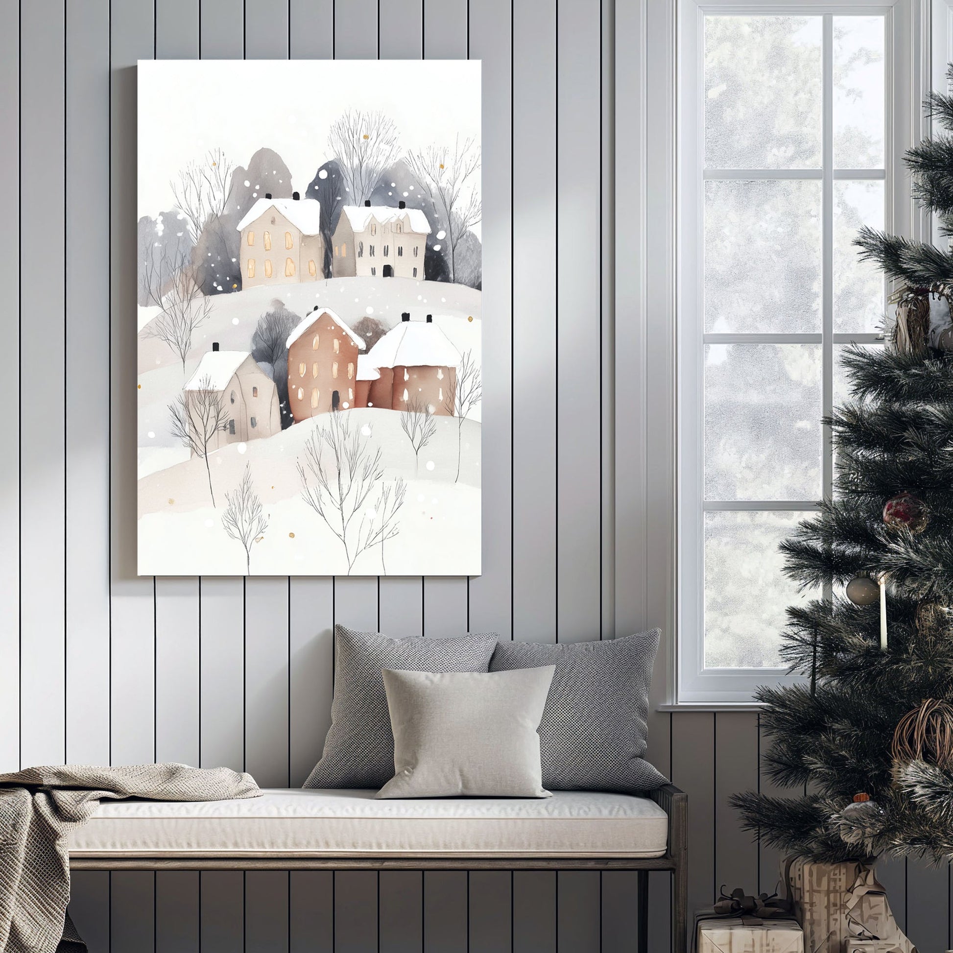 snowy hillside village wall art with glowing windows and minimalist winter trees