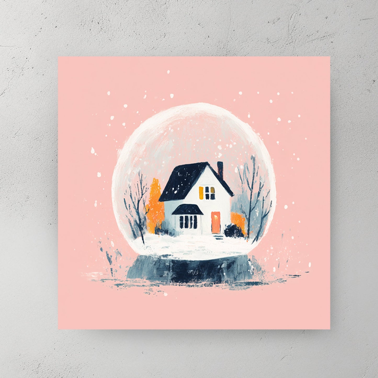 modern snow globe wall art with winter cottage on pink background