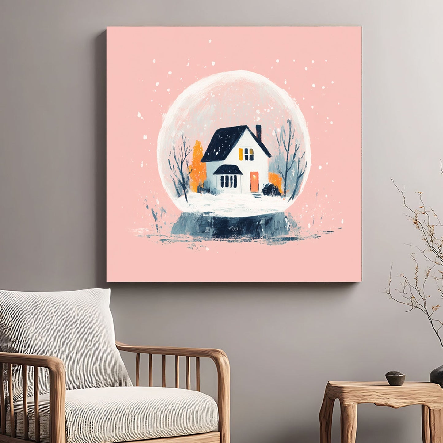modern snow globe wall art with winter cottage on pink background