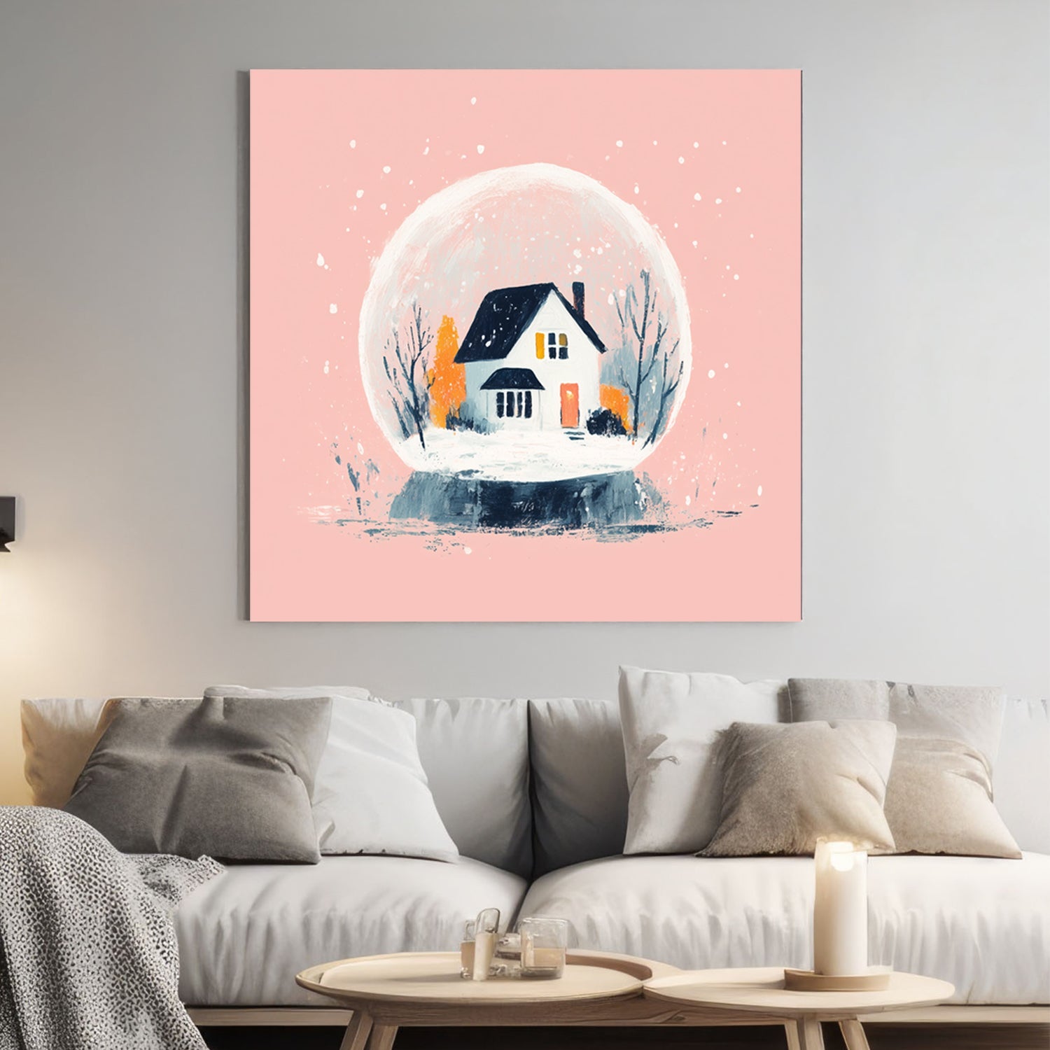 modern snow globe wall art with winter cottage on pink background