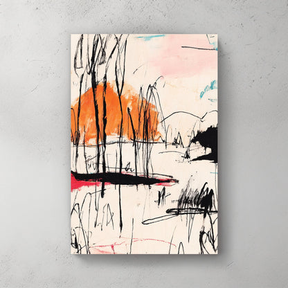 abstract sketch wall art with black lines, orange sun, and red accents