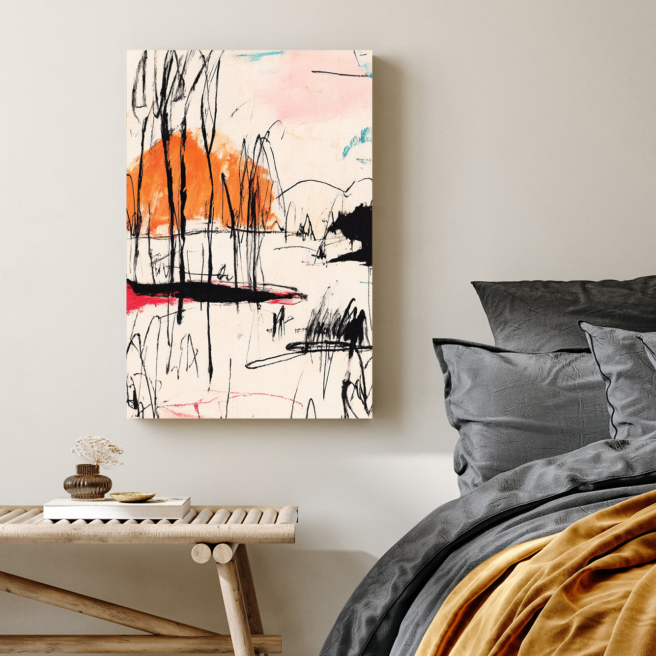 abstract sketch wall art with black lines, orange sun, and red accents