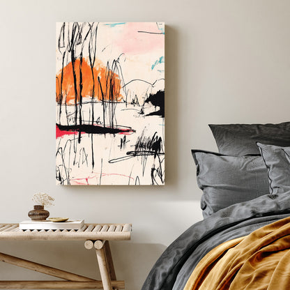 abstract sketch wall art with black lines, orange sun, and red accents