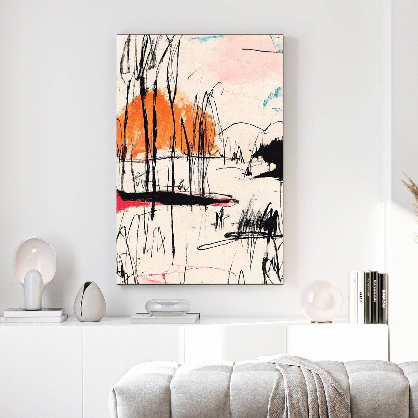 abstract sketch wall art with black lines, orange sun, and red accents