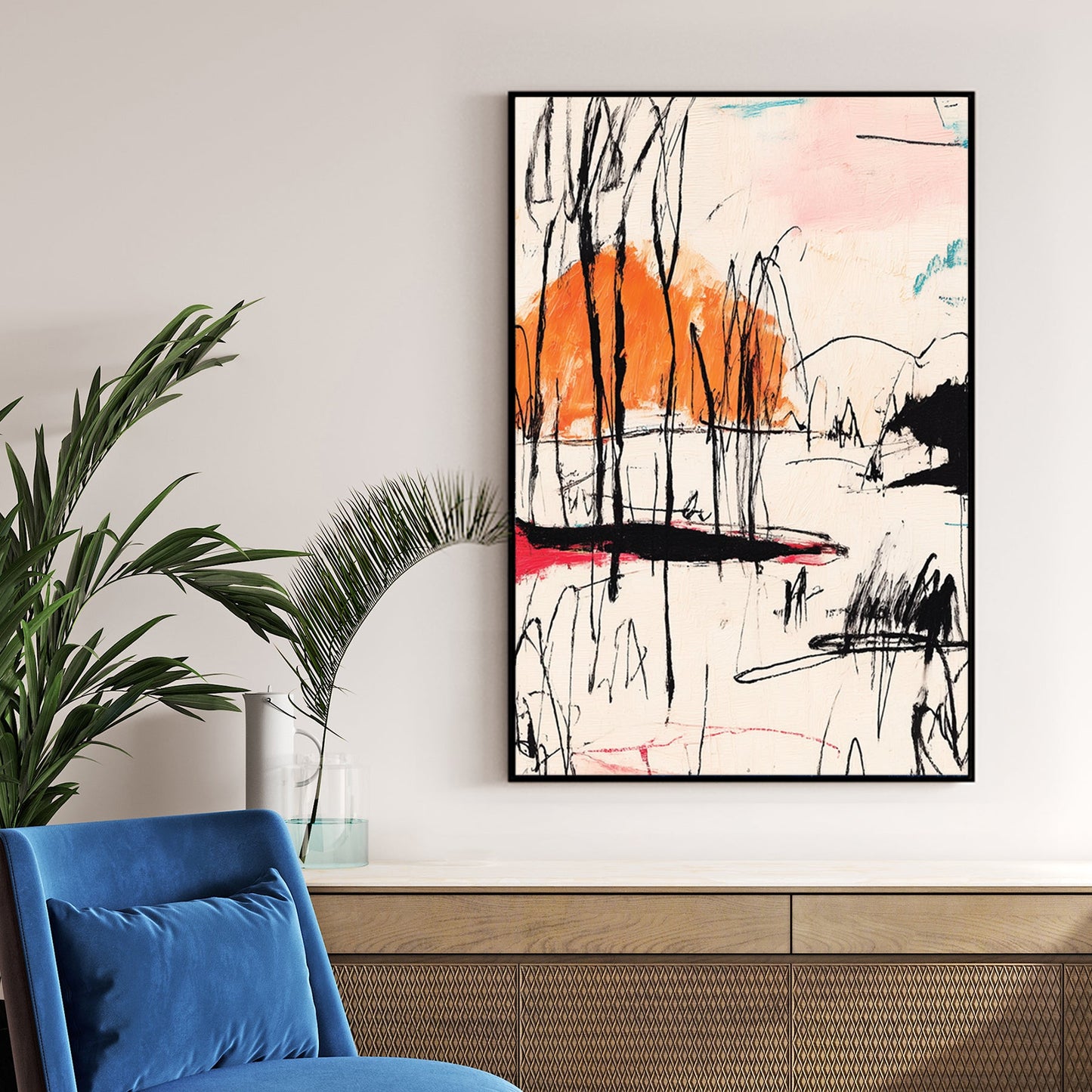 abstract sketch wall art with black lines, orange sun, and red accents