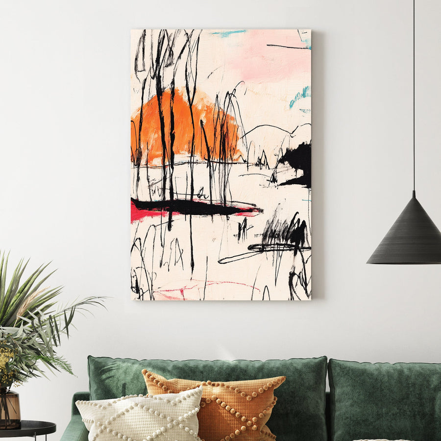 abstract sketch wall art with black lines, orange sun, and red accents