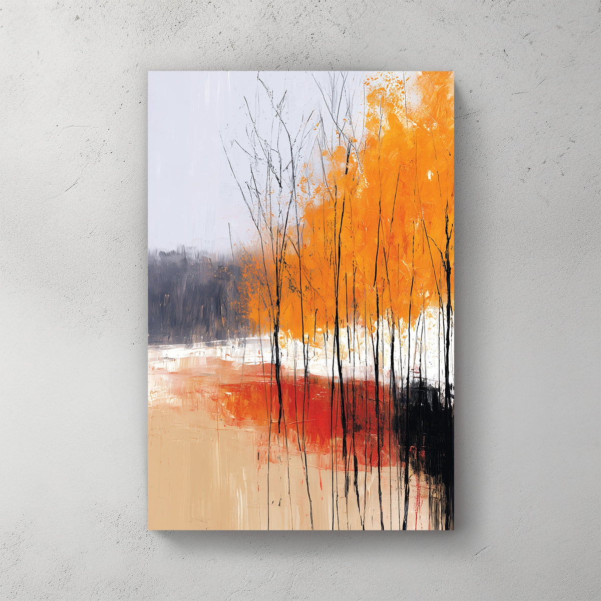 abstract autumn trees wall art with orange foliage and textured brushstrokes