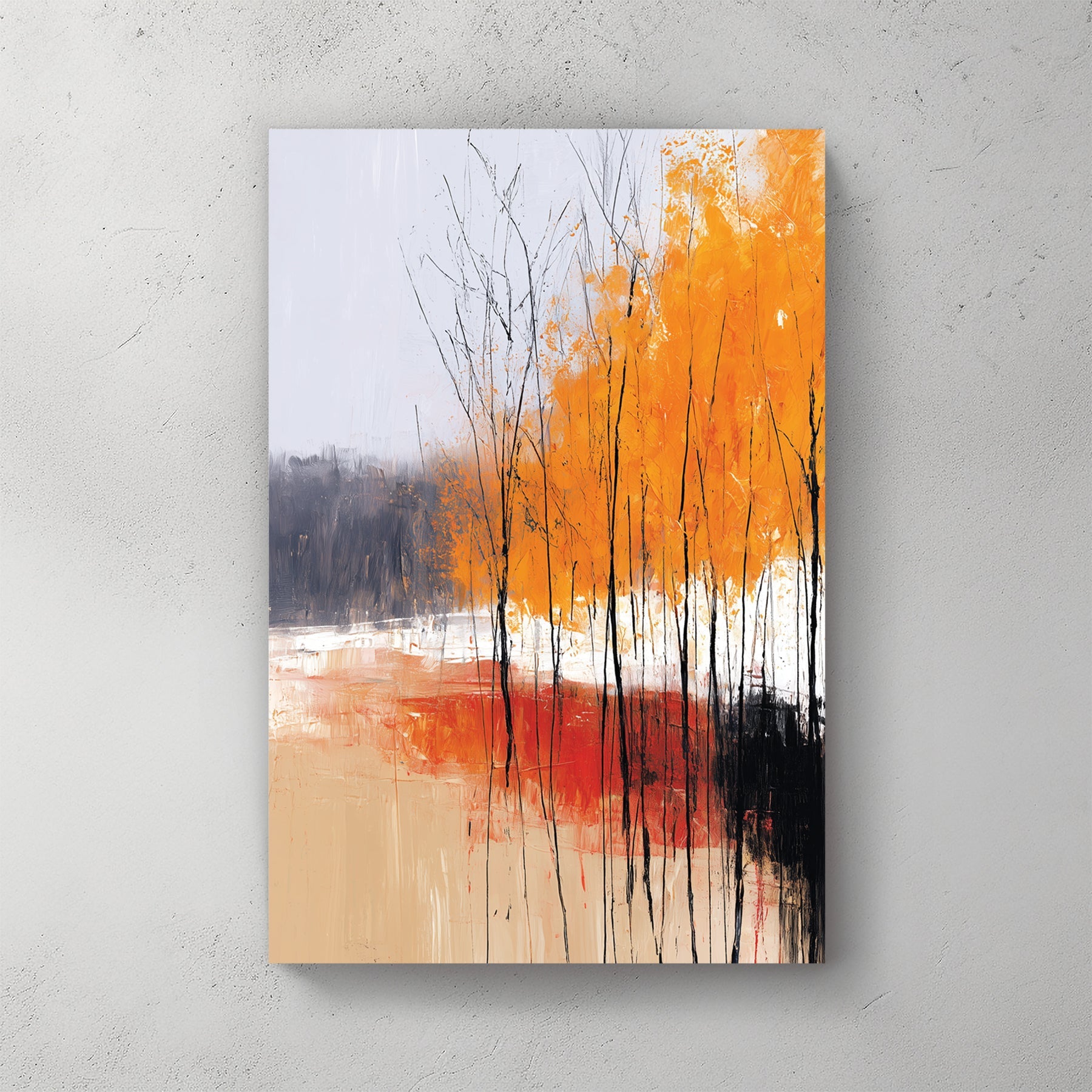 abstract autumn trees wall art with orange foliage and textured brushstrokes