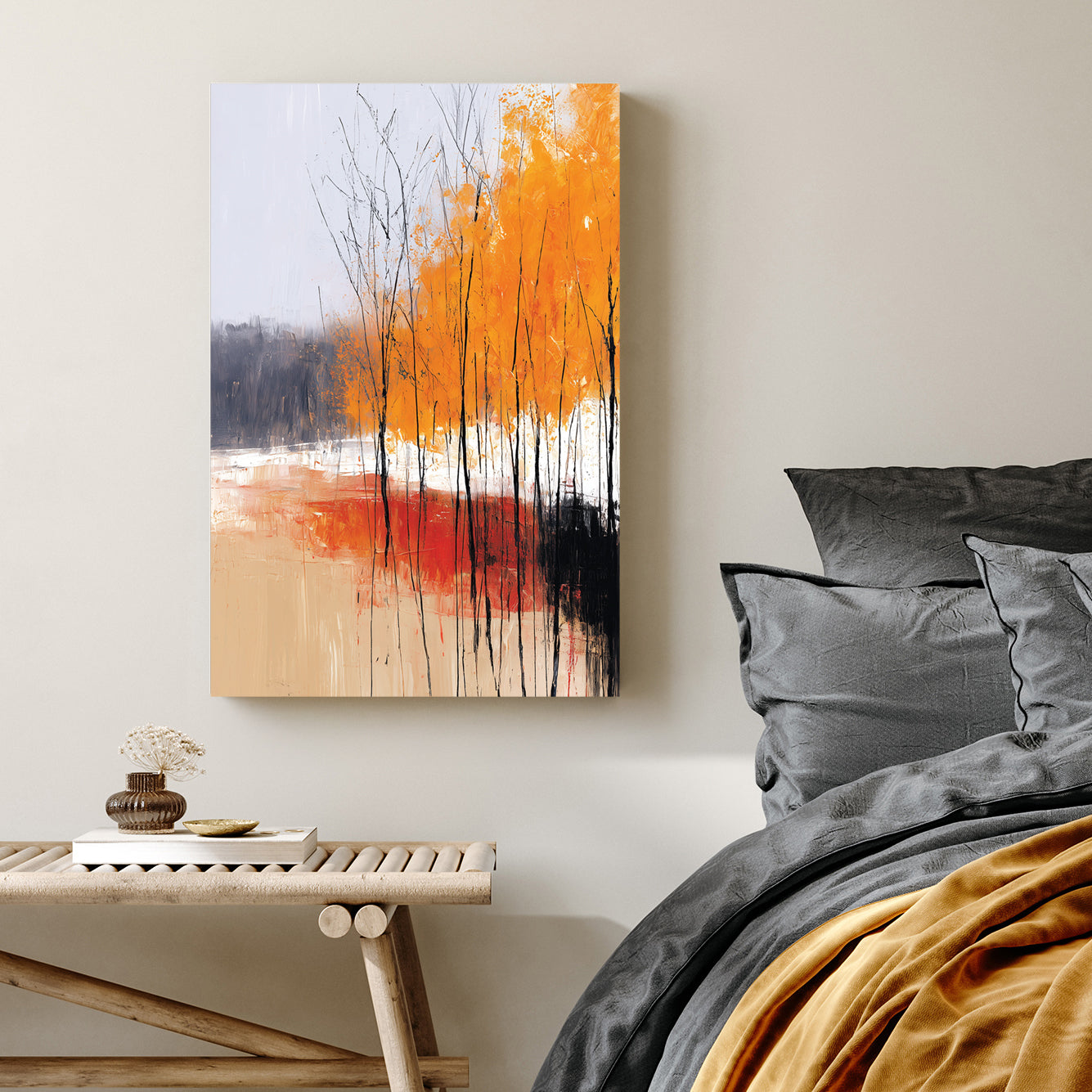 abstract autumn trees wall art with orange foliage and textured brushstrokes