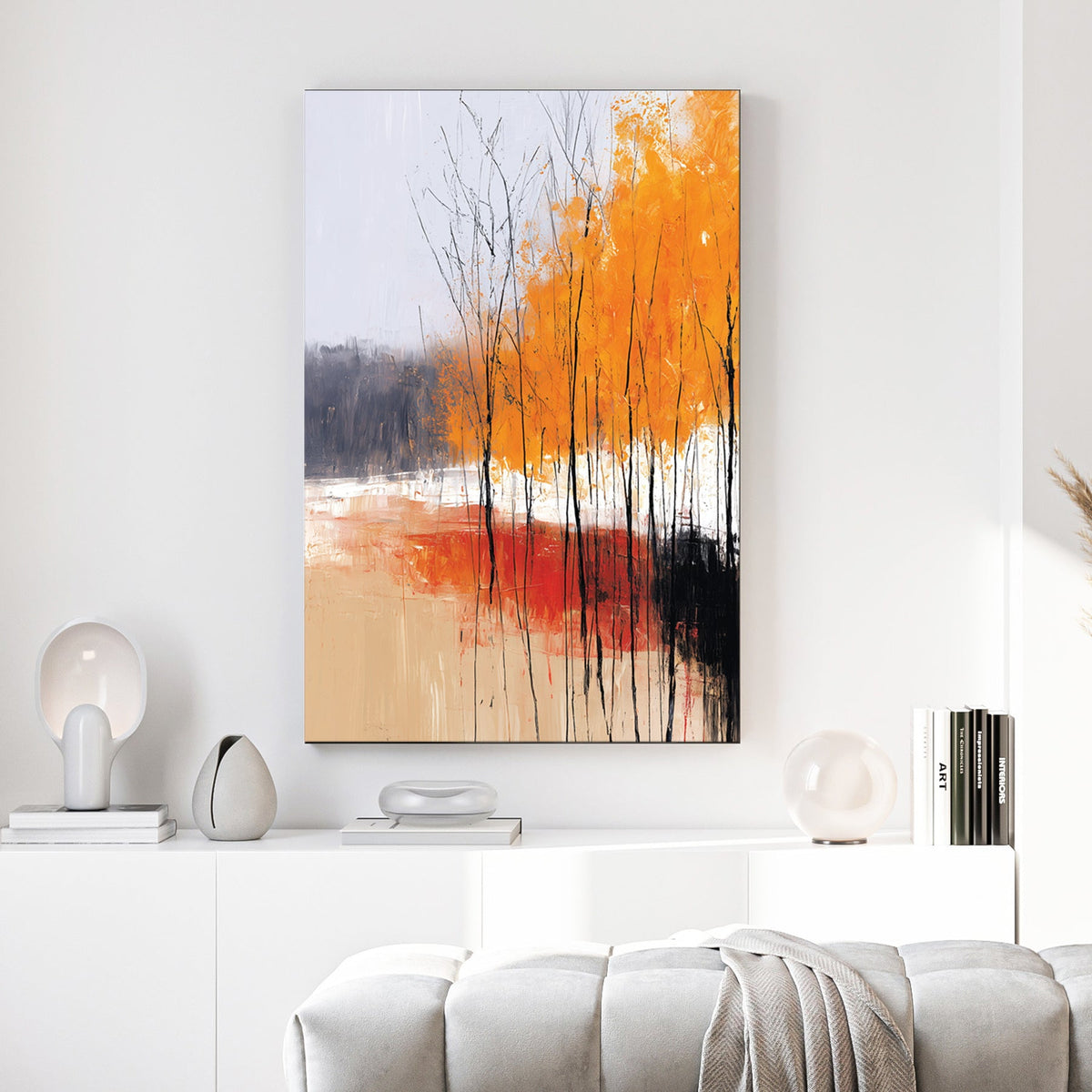 abstract autumn trees wall art with orange foliage and textured brushstrokes