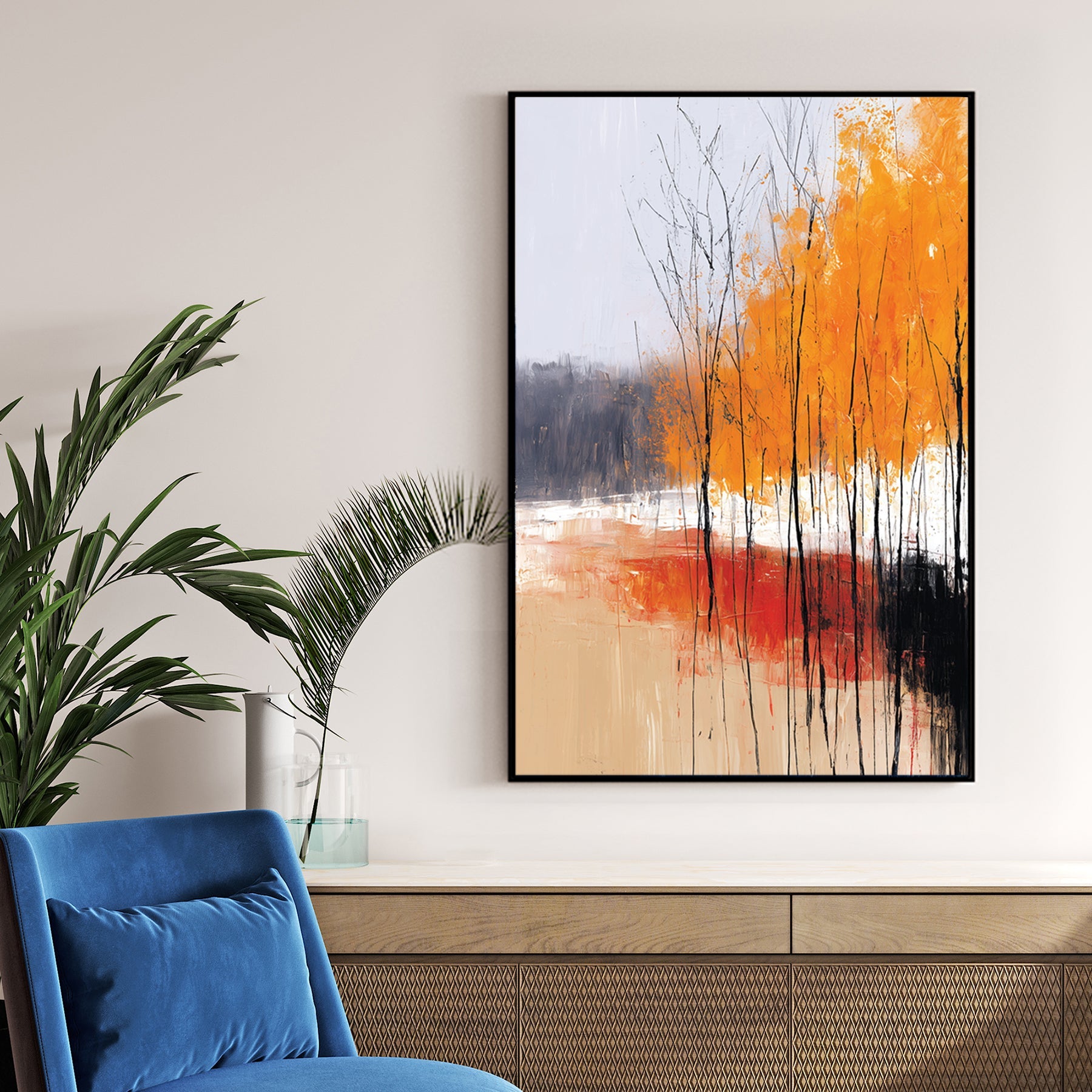 abstract autumn trees wall art with orange foliage and textured brushstrokes