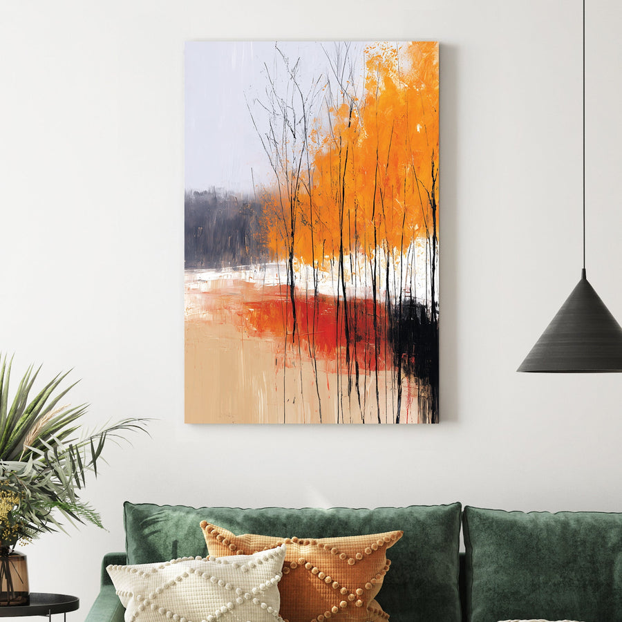 abstract autumn trees wall art with orange foliage and textured brushstrokes