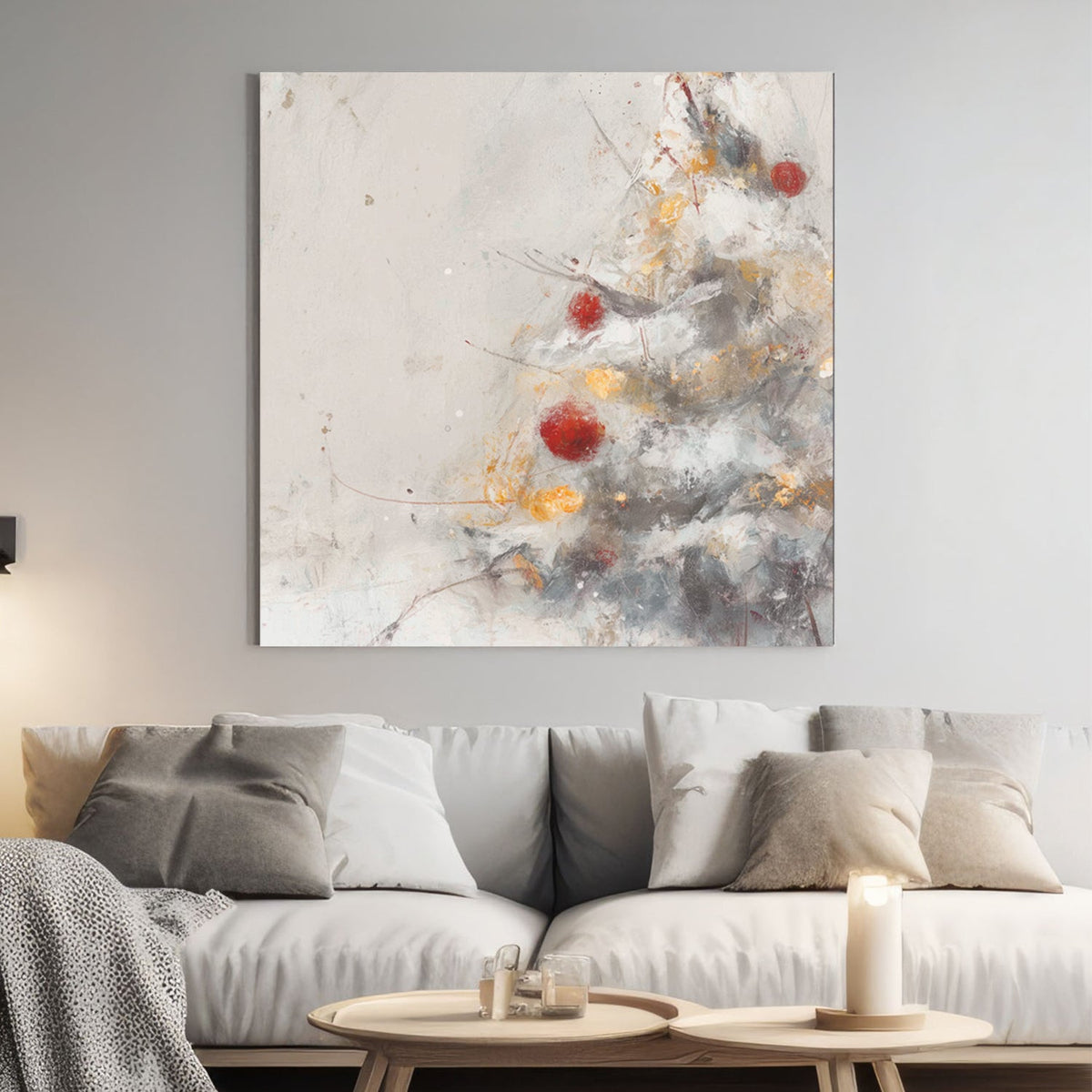 minimalist Christmas tree wall art with red and gold ornaments on snowy branches