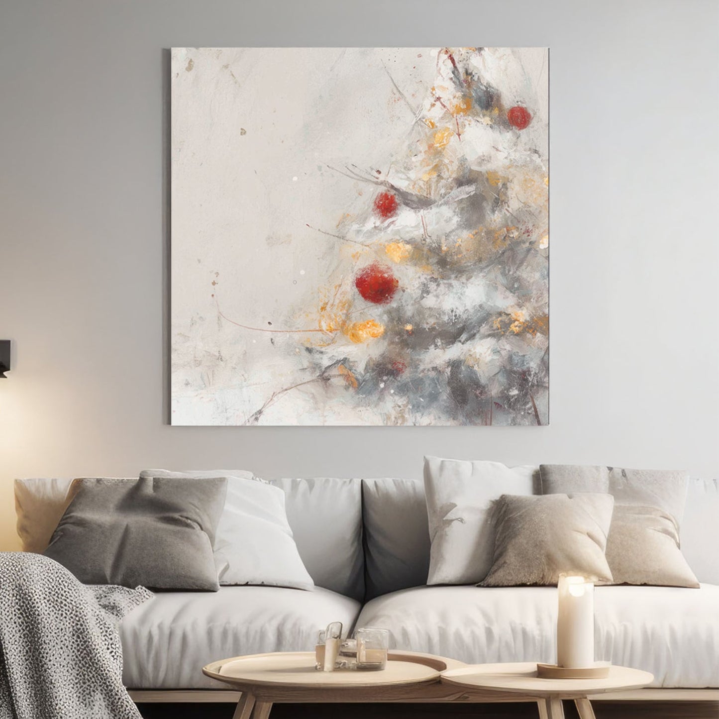 minimalist Christmas tree wall art with red and gold ornaments on snowy branches