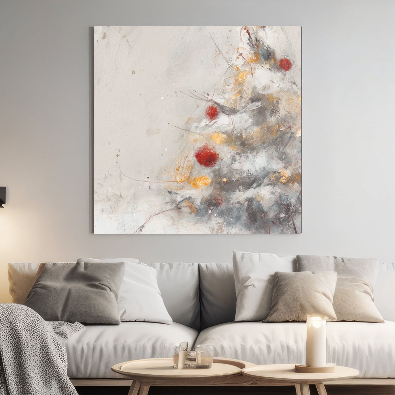 minimalist Christmas tree wall art with red and gold ornaments on snowy branches