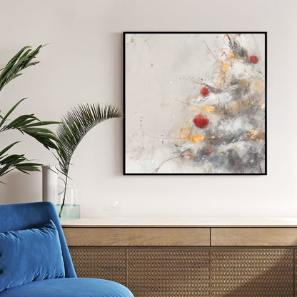 minimalist Christmas tree wall art with red and gold ornaments on snowy branches