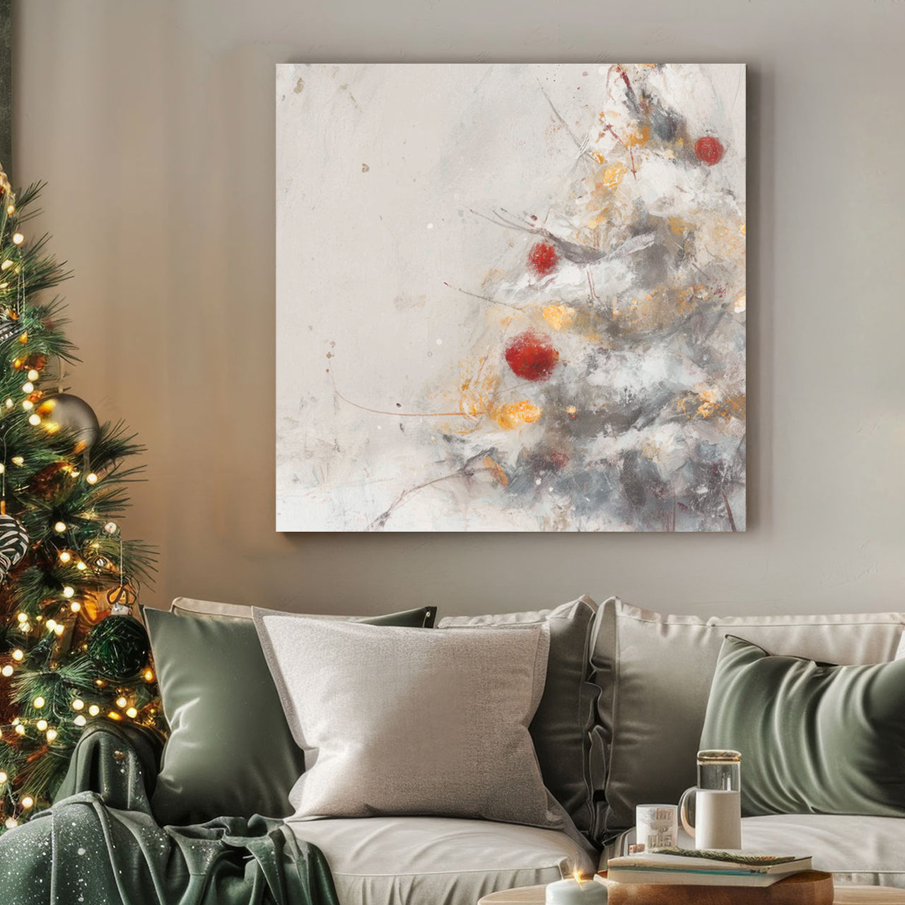 minimalist Christmas tree wall art with red and gold ornaments on snowy branches