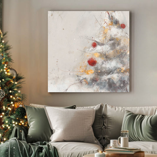 minimalist Christmas tree wall art with red and gold ornaments on snowy branches