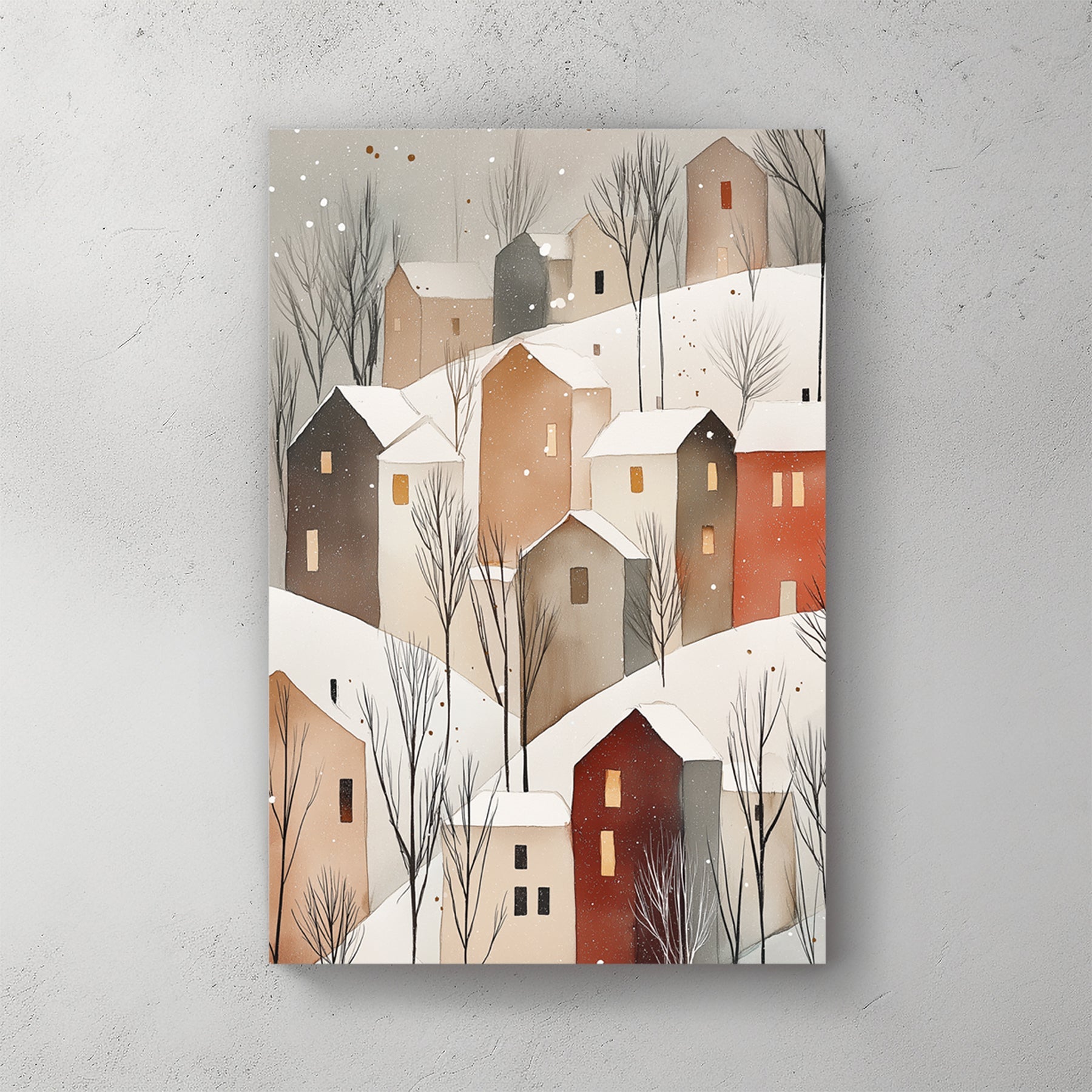 snowy hillside cottages wall art with warm lights and minimalist winter trees