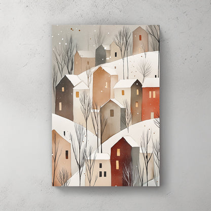snowy hillside cottages wall art with warm lights and minimalist winter trees