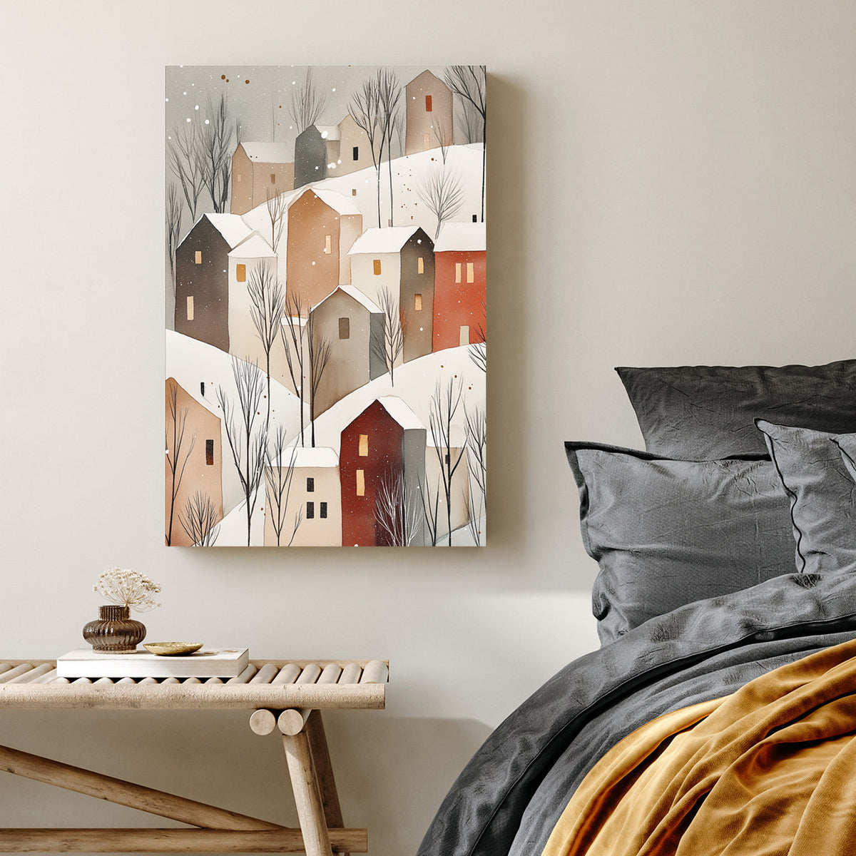 snowy hillside cottages wall art with warm lights and minimalist winter trees