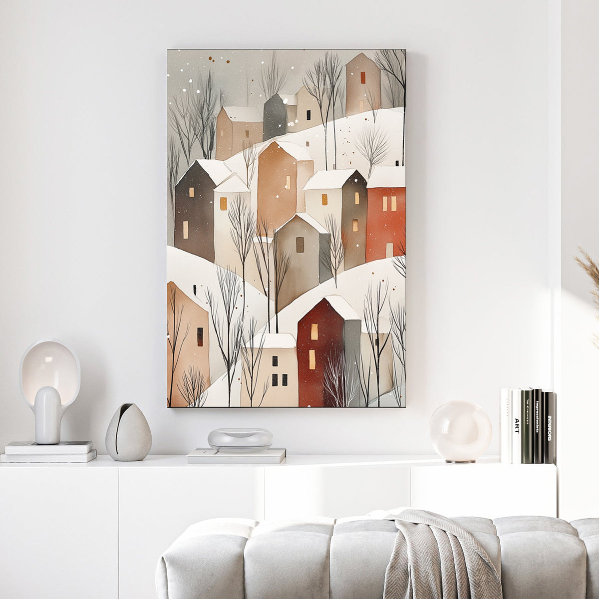 snowy hillside cottages wall art with warm lights and minimalist winter trees