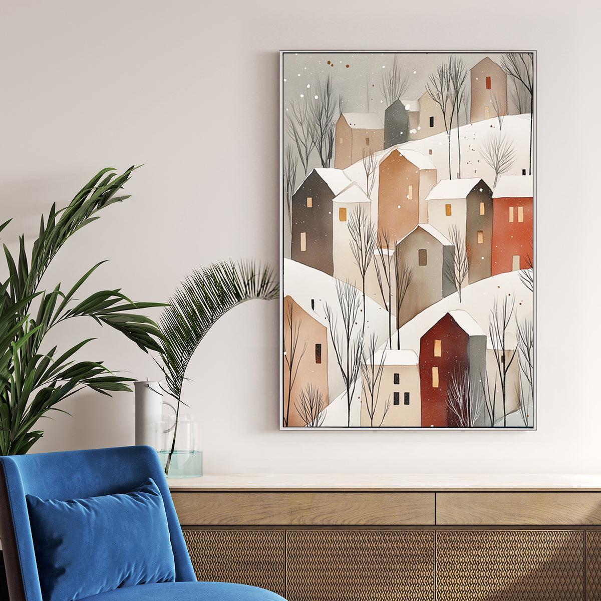 snowy hillside cottages wall art with warm lights and minimalist winter trees
