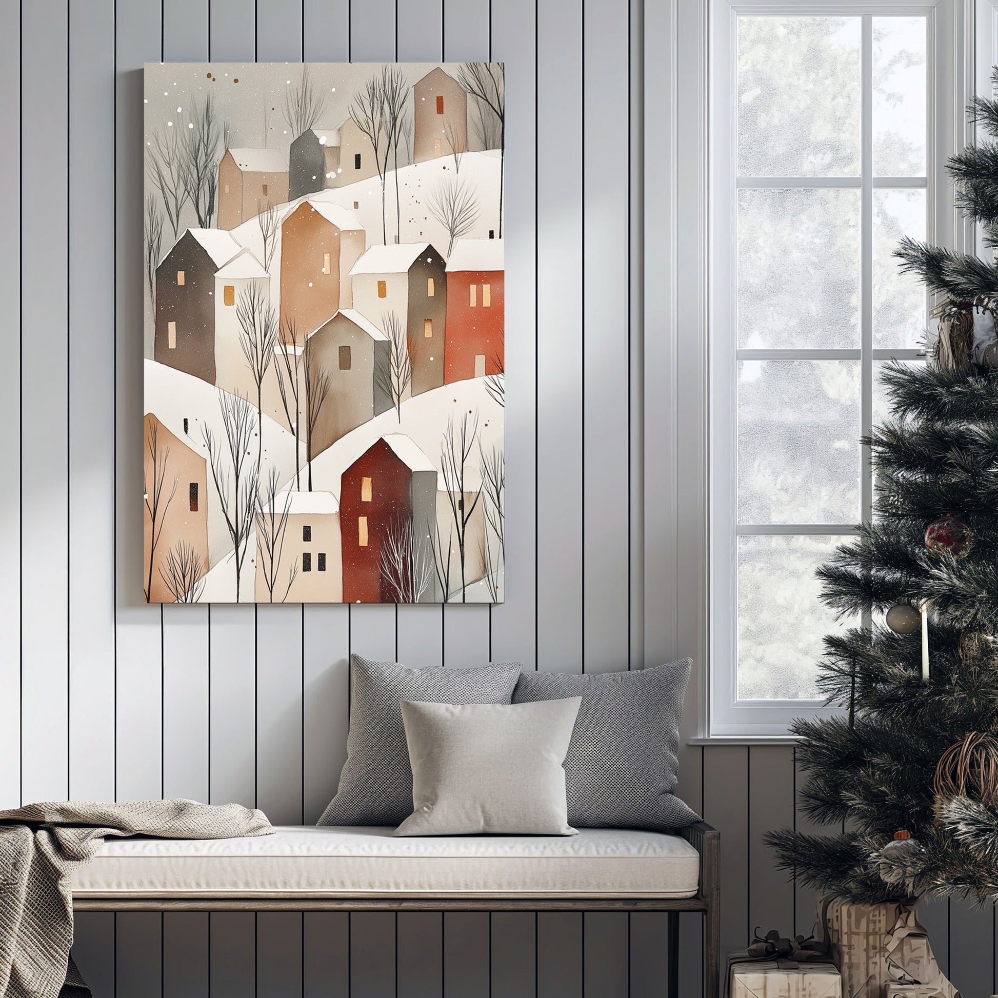 snowy hillside cottages wall art with warm lights and minimalist winter trees