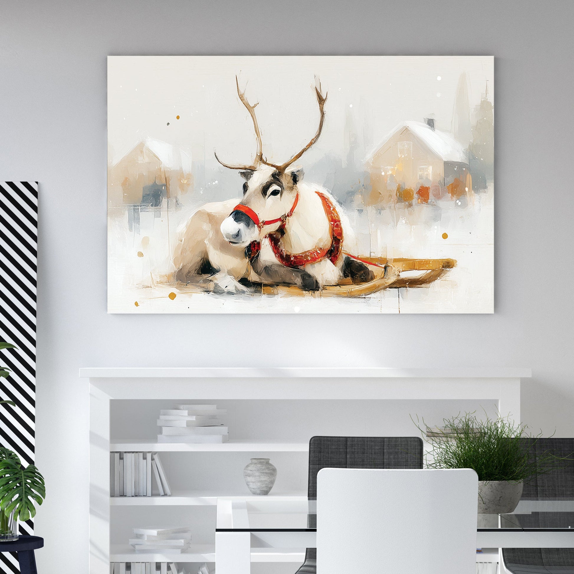 resting reindeer wall art with red harness and snowy village background