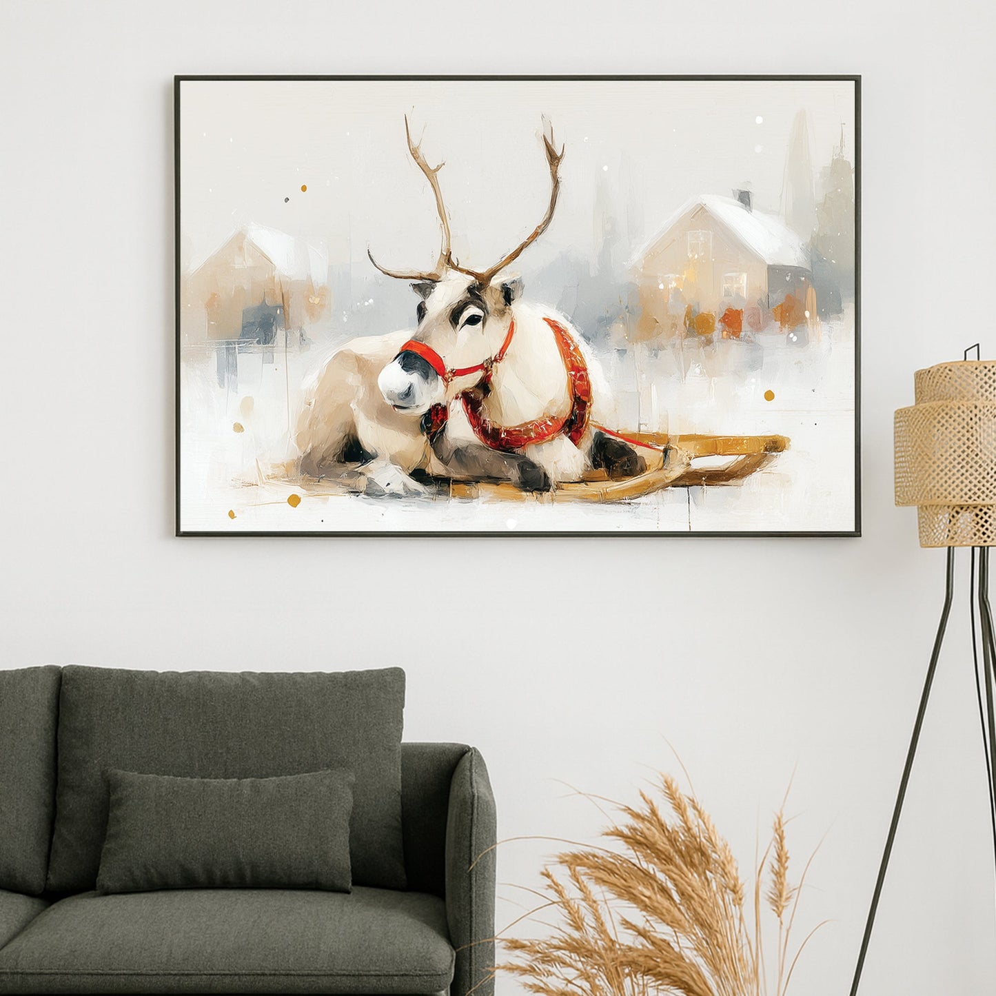 resting reindeer wall art with red harness and snowy village background