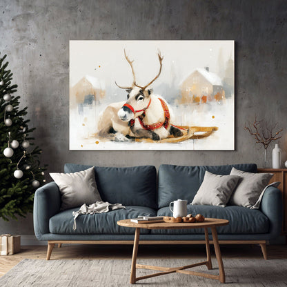 resting reindeer wall art with red harness and snowy village background