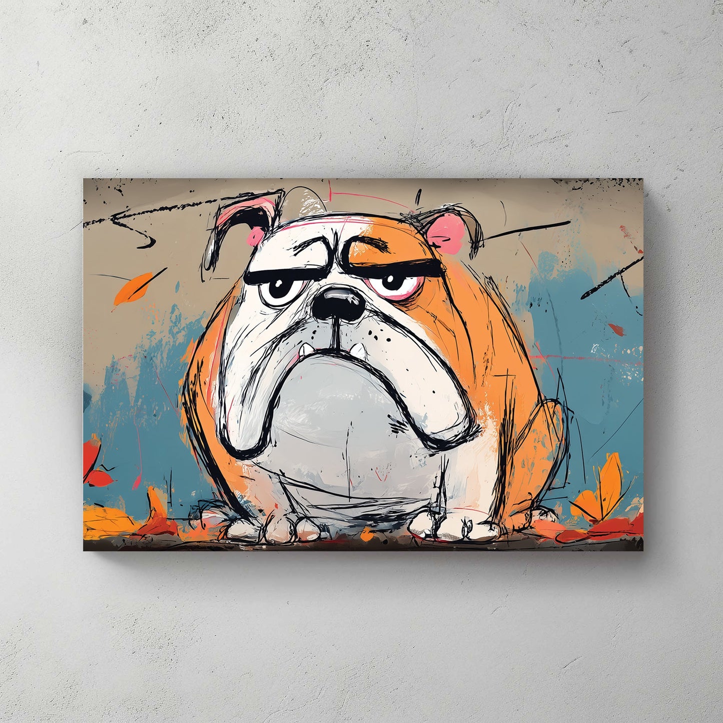 grumpy bulldog wall art with graffiti sketch style and autumn colours