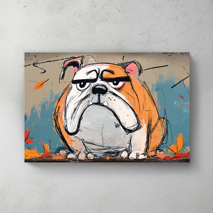 grumpy bulldog wall art with graffiti sketch style and autumn colours
