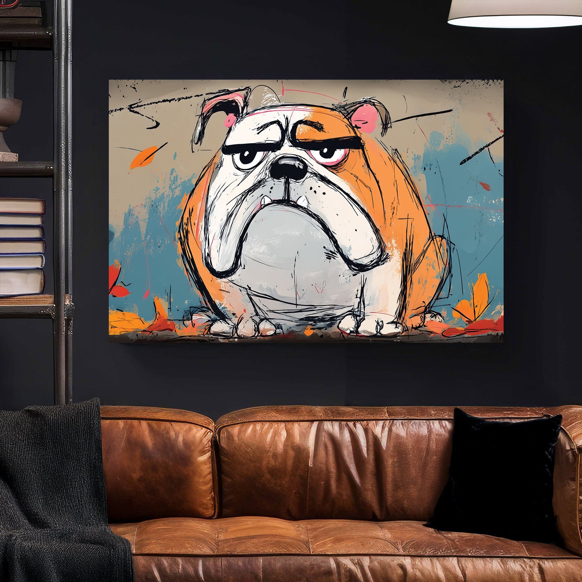 grumpy bulldog wall art with graffiti sketch style and autumn colours