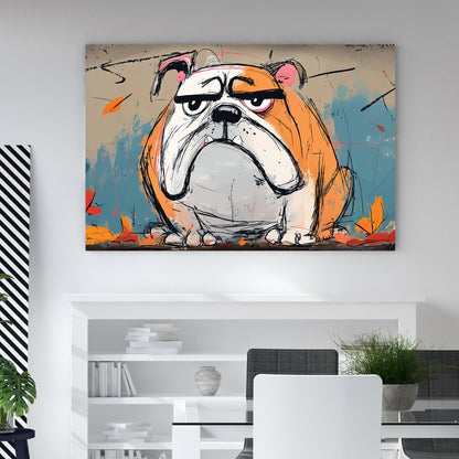 grumpy bulldog wall art with graffiti sketch style and autumn colours