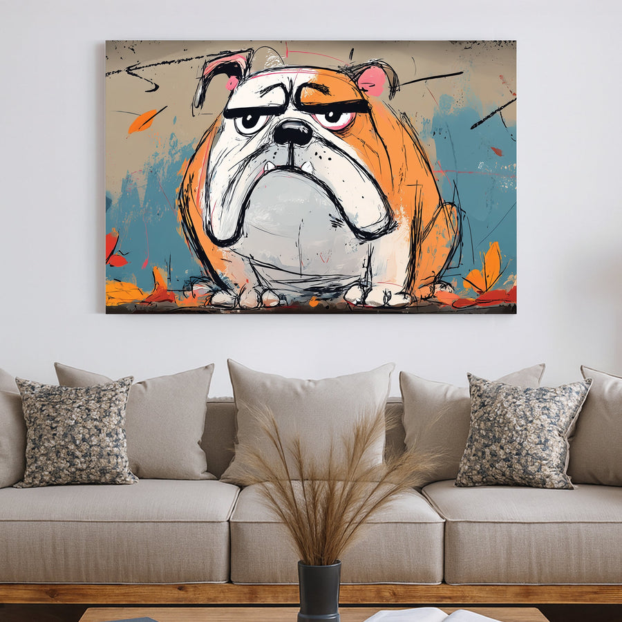 grumpy bulldog wall art with graffiti sketch style and autumn colours