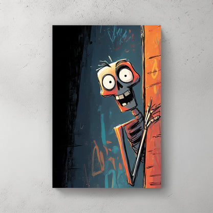 graffiti style skeleton wall art peeking from alley with dark urban background