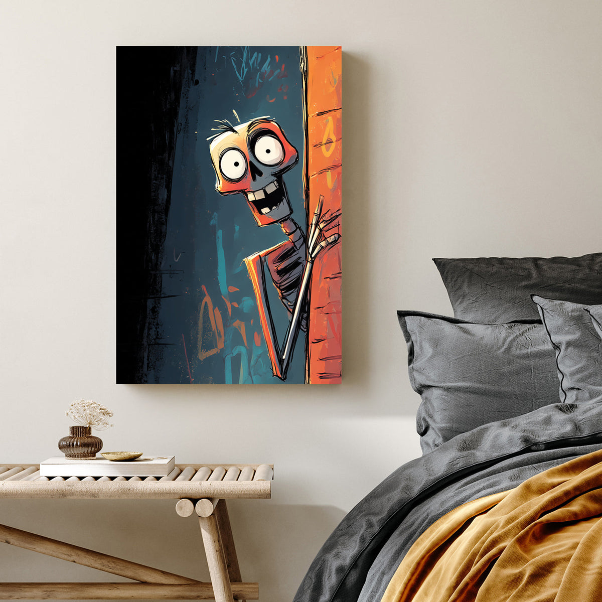 graffiti style skeleton wall art peeking from alley with dark urban background